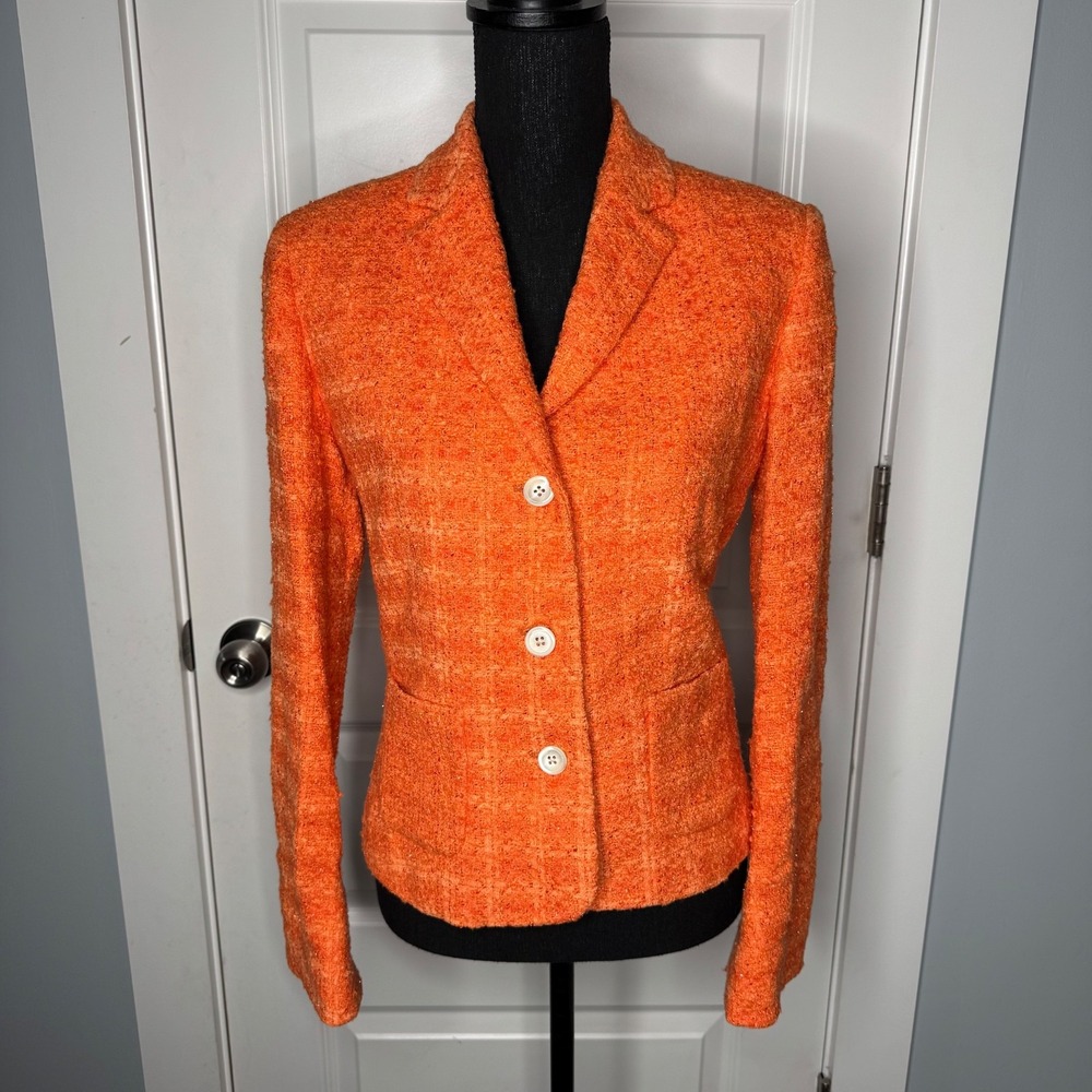 Bernard Zins Made in France Designer Orange Tweed Boucle Blazer Jacket Sz 4